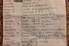 Page two of the List of San Diego homeless requests, shoe sizes, socks, pants, shirts for over 60 plus.