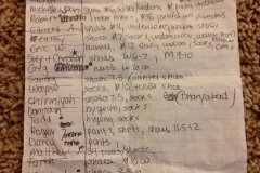 List of San Diego homeless requests, shoe sizes, socks, pants, shirts for over 60 plus.
