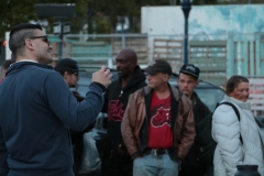 Helping the homeless line up for food on Easter.