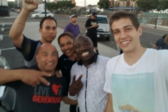 Pumped up in downtown San Diego to feed the homeless and to cut their hair.