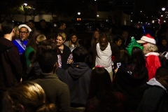All the volunteers and homeless kids gather for Christmas to receive their gifts.