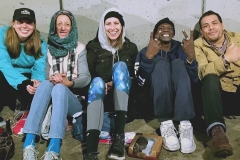 From left to right: Jen, Wendy, Anne, Ben, Zo. Streets of Hope San Diego volunteers provide food, water, and clothing to homeless couple avoiding the rain.