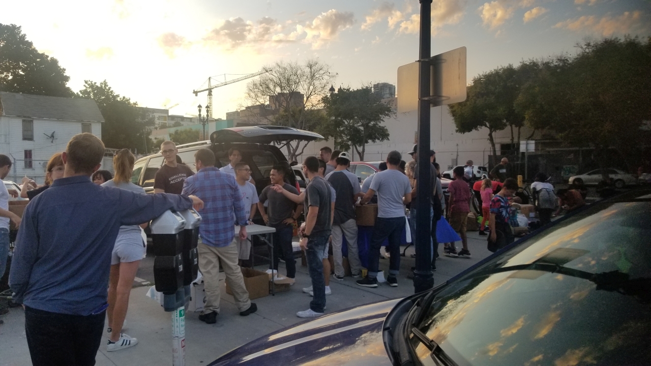 Setting up on a Monday night to feed the homeless and pass out all the items donated by Newport Pacific.