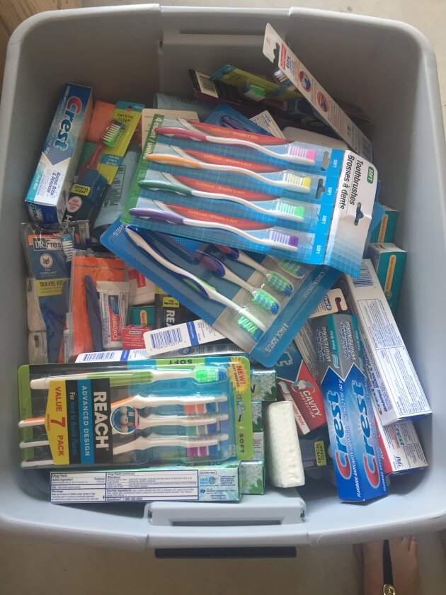 One bucket of the many filled with toiletries for the homeless and donated by Newport Pacific.