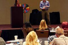Tammy and Dan answer questions from the Newport Pacific staff after their San Diego homeless presentation.