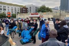 The homeless in downtown San Diego receiving tents and sleeping bags after haircuts, food and clothing