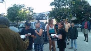 San Diego's downtown homeless community lining up for a hot meal