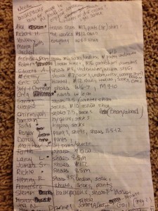 List of San Diego homeless requests, shoe sizes, socks, pants, shirts for over 60 plus.